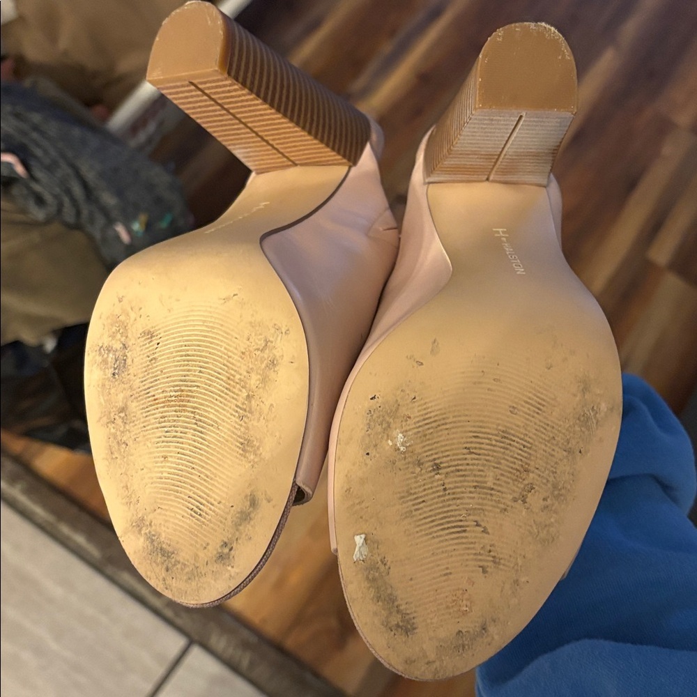 H by Halston Sand Nude Leather Kendra Open Toe Mule Heel 8.5 with 4.5" heel - Picture 7 of 9